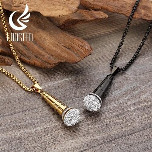 Fongten Punk Microphone Mens Necklace Hip Hop Rock Inlaid Rhinestone Metal Pendant Party Mens Jewelry