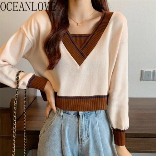 OCEANLOVE V Neck Women Sweaters Japan Style Casual Contrast Color Pull Femme Vintage Loose 2021 Autumn Winter Sueters De Mujer