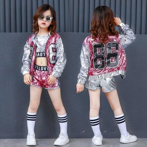 Girls Sequin Hip Hop Clothes for Kids Coat Tops Shirt Short Jazz Dance Costume Ballroom Dancing Clothing Streetwear for Children