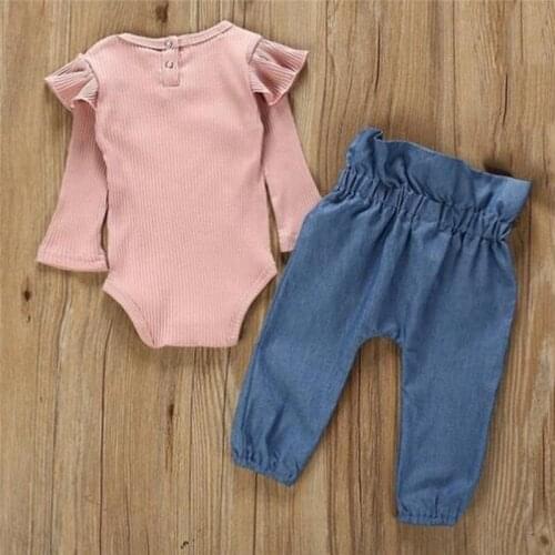 Autumn Baby Sets Newborn Kids Girls Pit Strip Long-Sleeved Fashion Romper Bodysuit+Denim Pants Jeans Set Outfits