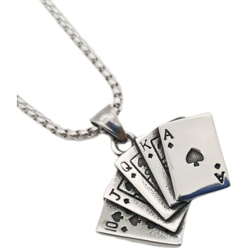 Antique Silver color 10JQKA Pocker pendant necklace Stainless steel Playing cards Royal flush necklace Rock jewelry BLKN0797