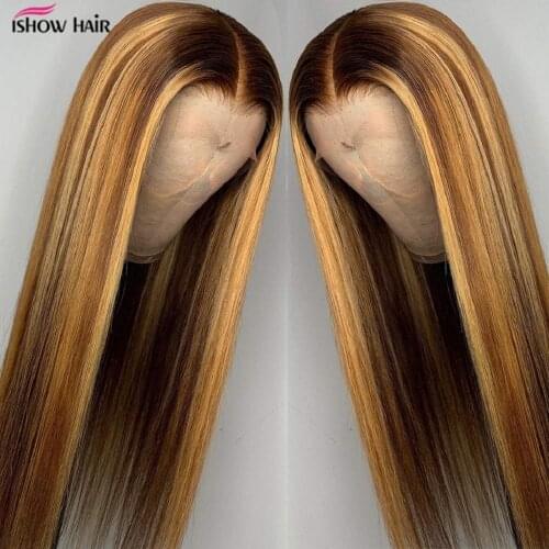 Ishow Highlight Lace Frontal Wig Human Hair Brown Lace Front Human Hair Wigs For Black Women Ombre Indian Blonde Straight Wig