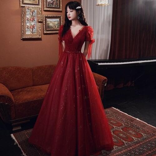 Red Long Elegant Evening Dresses V-Neck Tulle Sequin Party Gowns Beads Prom Party Wear For Wedding A-Line Woman Vestidos