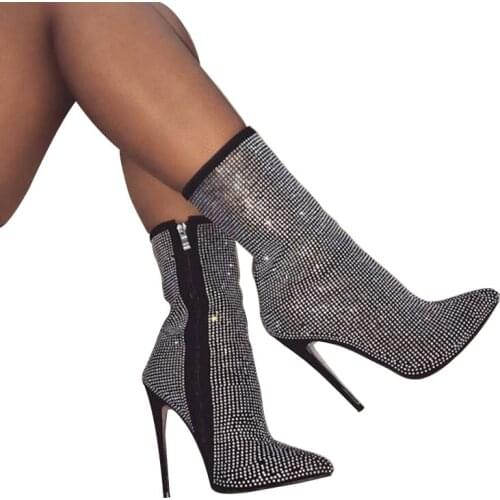 New Design Women Fashion Pointed Toe Bling Mid Calf Rhinestone Boots Crystal High Heels Boots Luxury Thin Heel Boots Female Shoe
