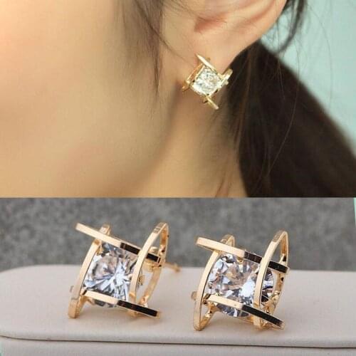 BLIJERY Fashion Elegant Women Earrings Geometric Hollow Square Zircon Stud Earrings Banquet Jewelry Gift