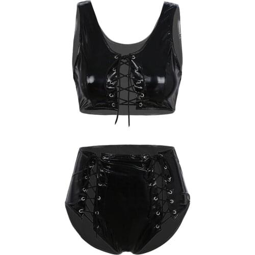 Womens Fashion Hot Clubwear Costumes Wet Look Patent Leather Lace-up Night Party Outfit Sets Cropped Tank Top with Briefs Bottom