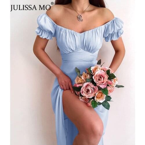 Julissa Mo Short Sleeve Off Shoulder Summer Dress High Split Bandage Dresses For Women Sexy Elegant Strapless Vestidos Female