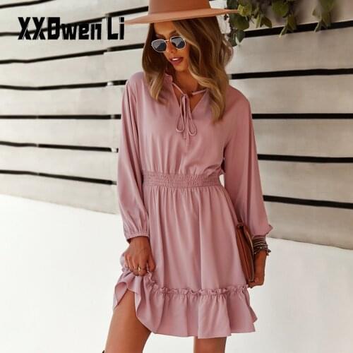 Autumn Women New Elastic Waist Ruffles Lace Up Midi Dress 2021 Winter Long-sleeves Solid Color A-line Office Ladies Dresses