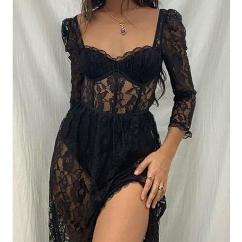 Rosetic Elegant Summer Lace Dress Women Sexy See Through Hipster Fashion Casual High Waist Split Long Dresses Square Collar 2021