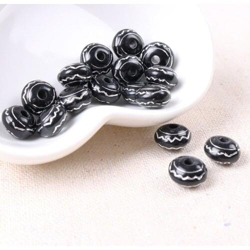 2018 New Black Silver Stripe Circle Oblate Round Spacer Beads For Bracelet Necklace Jewelry Making DIY 10x7mm 100pcs/lot AL3X