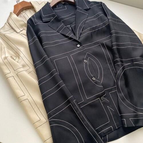 2021100% SILK Sanville ivory monogram Embroidered Twill Shirt Long Sleeves pajamas-style tops OVERSIZED Shirt
