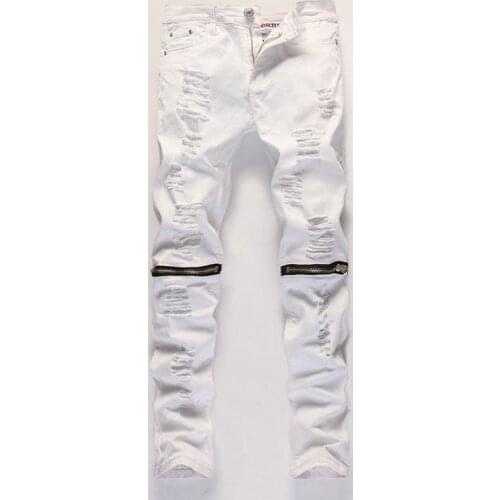2020 Mens Pants Hole Cut Slacks Knee with Zipper Foot Stretch Trousers Ripped Jeans White Skinny Pencil Pants Joggers for Male