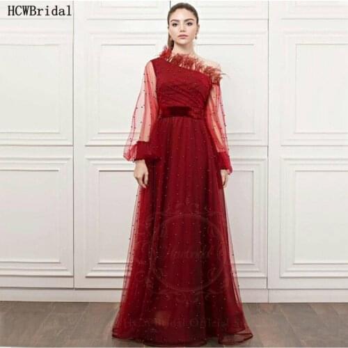 Burgundy Pearls Long Sleeves Arabic Evening Dress One Shoulder A Line With Feathers Formal Dresses Plus Size Graduations