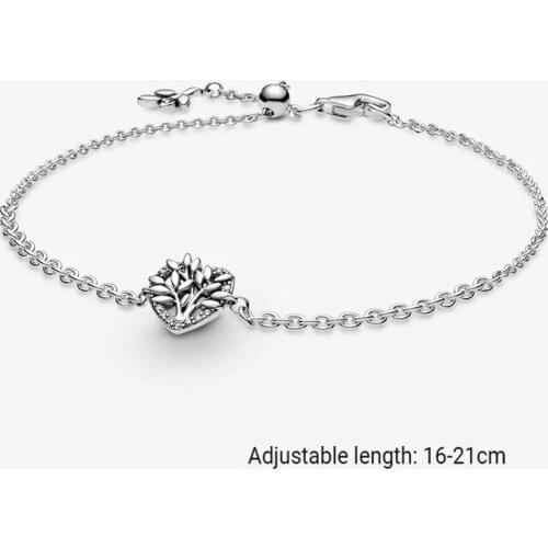 2021 New 925 Sterling Silver Heart Shaped Mother Tree Adjustable Length 16-21cm Bracelet Valentines Day Gift Women DIY Jewelry