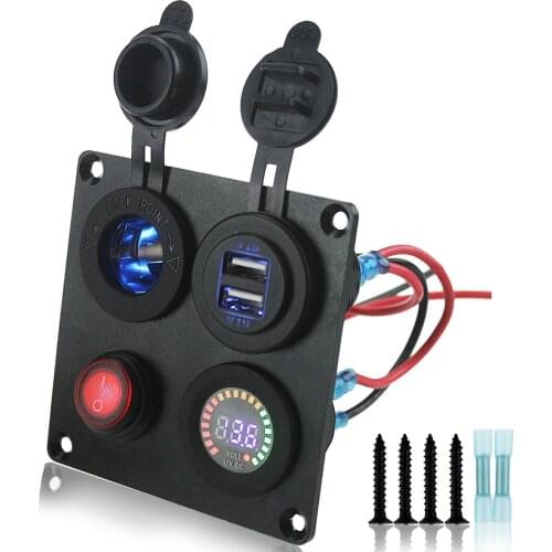 DIY 12V Voltmeter Cigarette Lighter 4.2A Dual USB Charger with switch 4 hole aluminum Panel For truck Boat marine trailer