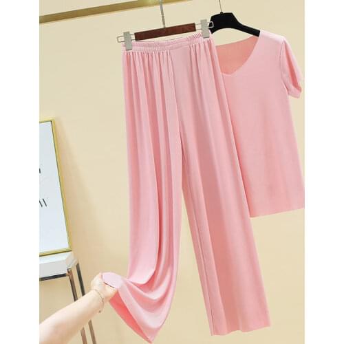 EasyCore Fashion Women Summer Set Ice-silk V-neck Plain Color T-shirt +Drop-feeling Wide-Leg Baggy Pants