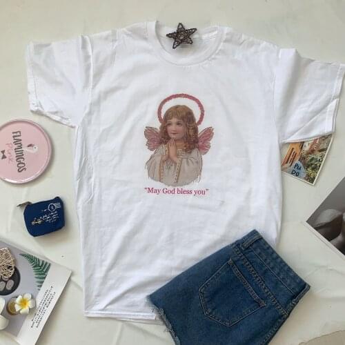 Sunfiz HJN May God Blessed You Letter Printed T Shirt Summer Short Sleeve Angel Tees Christian Tshirt