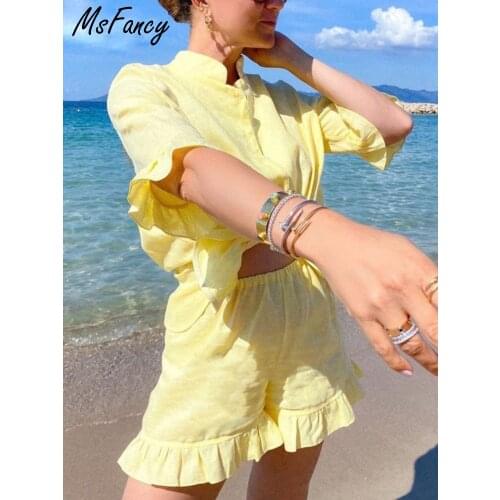 Msfancy Summer Shorts Sets Women Cotton 2 Piece Set 2021 Mujer Stand Collar Shirt Half Sleeve Vintage Pajamas Suit