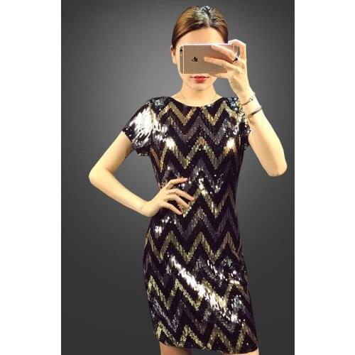 Summer Pretty 2 Colors A-line Geometric Short Sleeve Beading Round Neck Sequin Fashion Cheongsam Party Cocktail Dress 4650