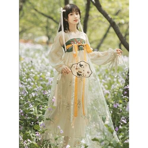 Sweet Vintage Dresses Women Summer 2021 New Improved Retro Hanfu Dress Ladies Bowknot Mesh Embroidered Fairy Dress