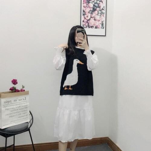 Kadın örme kazak yelek 2020 sonbahar kış kore tarzı Vintage sevimli kaz desen kolsuz kazak Jumper yelek