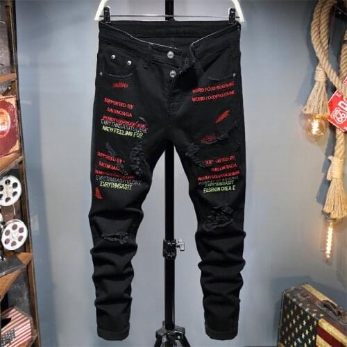 2021 New European American Style Black Ironed Drilled Jeans Men Holes Slim Small Feet Trousers Stretch Print Fashion Pants