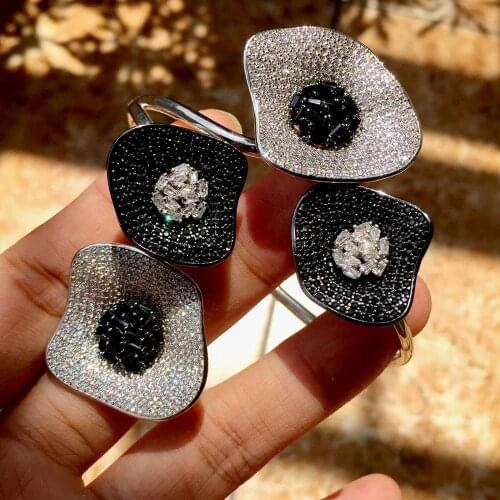 Newness Luxury Lotus Leaf Cubic Zirconia Pave Women Wedding Naija Dubai Party Engagement Dress Bangle Ring Sets