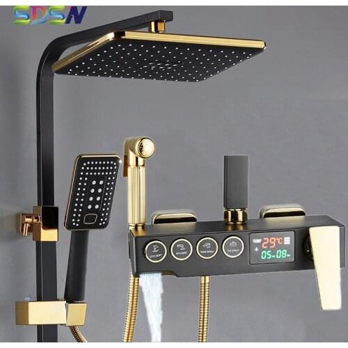 Thermostatic Shower Set , Solid Brass Bathroom Shower System Copper Bathtub Mixer Faucets of Black Gold Digital Bath Shower Set