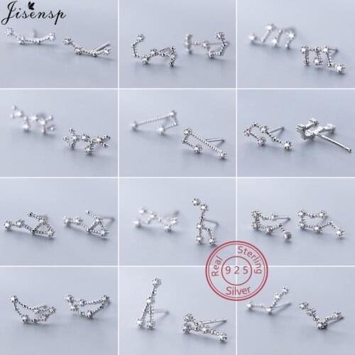 Unique 12 Star Zodiac Sign Earing 925 Sterling Silver CZ Constellation Stud Earrings for Women Kids Horoscope Jewelry Pendientes