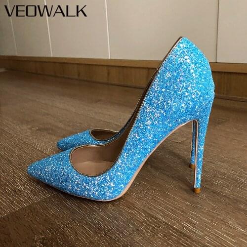 Veowalk Blue Glitter Sequined Women Pointy Toe Stiletto Pumps Wedding Bridesmaid Shoes Bling Party High Heels Plus Size 33-45