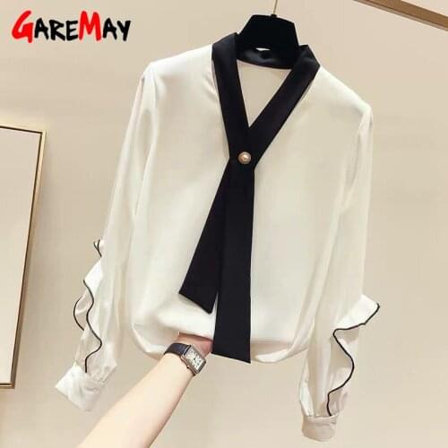 2021 Spring Autumn New Womens Blouse Female Shirt Korean Fashion V-neck Laced Pullover Long Sleeve Chiffon Shirts Women Top