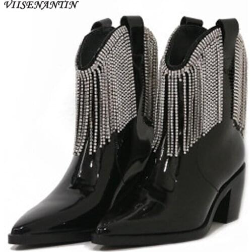 New Personality Tassel Rhinestone Charm Cowboy Boots Pointed Toe Leather Chelsea Boots Thick High Heel Fringe Cystal Shoes Women