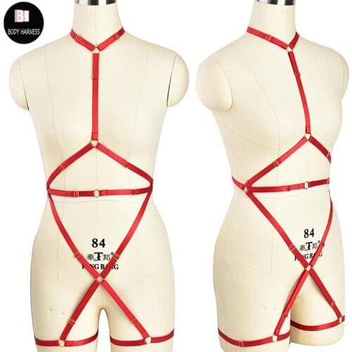 Red Fetish Body Harness Cage Bra Rave Crop Top Women Bustier Pole Dance Leg Garter Belt Bondage Harness