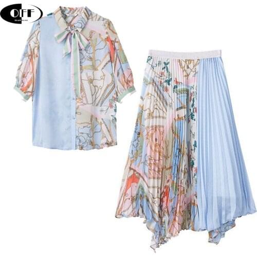 Designer runway elegant autumn summer outfits tops and skirts vintage printed bow blouse retro Pleated skirt lady two piece set