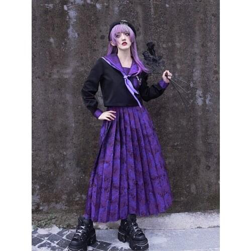 Original Design gothic purple butterfly purple bad JK uniform sailors dress long pleated skirt women 2 piece set 2020
