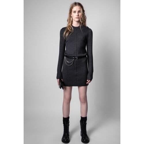 2021 Autumn Woman Dark Grey Short Knitted Dress Round Neck Embossed Buttons Shoulder Long Sleeves