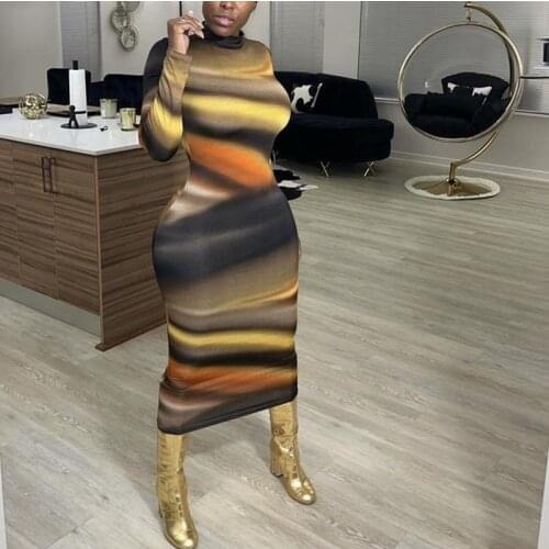 Casual Tie Dye Print Long Dress Women Spring Autumn O Neck Long Sleeve Maxi Dresses for Women Streetwear Party Bodycon Dress