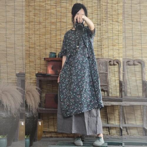 Women Printed Retro Ramie Dress Ladies Loose Robe Dress Print Casual Vintage Thin Ramie Dress 2018 Spring Autumn