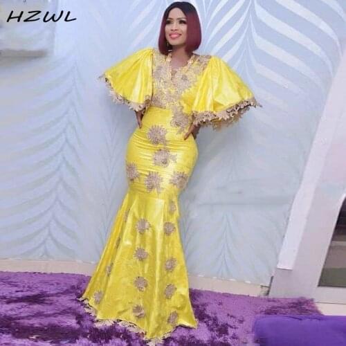 African Yellow Mermaid Evening Dresses Aso Ebi V Neck Appliques Lace Plus Size Prom Dress Dubai Women Dress robe de soiree