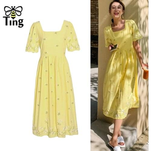 Tingfly Summer Fashion Chic Vintage Elegant Embroidery Yellow Color A Line Dress Women Square Neckline Street Casual Vestidos Za