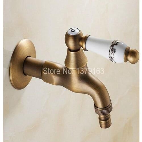 Antique Brass Single Ceramic Flower Pattern Handle washer faucet wall mounted Laundry bathroom Mop Water Tap aav131