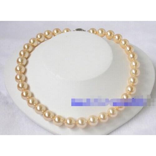 LUSTER AAA BEST 12mm round yellow seashell pearl necklace Factory Wholesale 18inch real Women Fine for lady silver jewelry