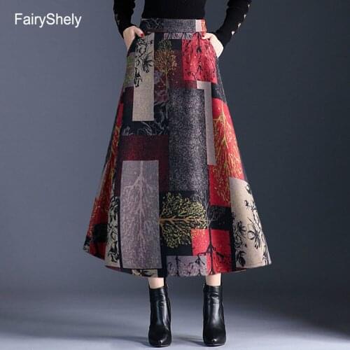 Fairyshely Vintage High Waist Pleated Skirt Women 2020 Woolen Floral Plaid Midi Skirt Korean Plus Size Long Skirt With Pocket