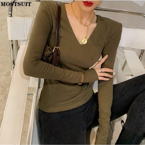 Padded V-neck T-shirt Tops Women 2021 Autumn Full Sleeve Solid Slim Pullover Tees Streetwear Basic Casual Female Tshirt Femme