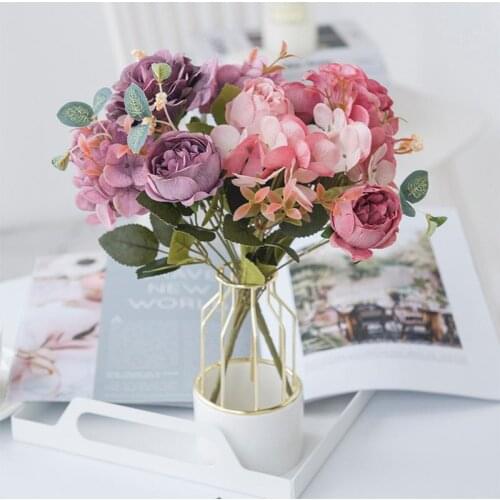 Colorful Artificial Flowers Retro Rose Bouquet Hydrangea Peony Bride Holding Fake Flower for DIY Home Garden Wedding Decoration