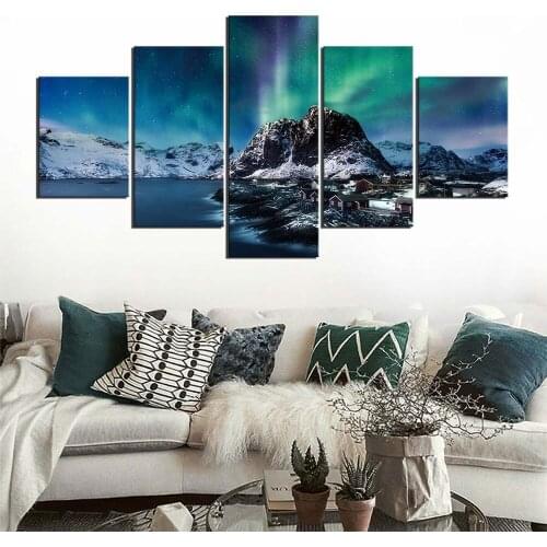 Canvas Paintings Living Room Decor Prints Pictures 5 Pieces Green Aurora Lake Mountain Landscape Poster Wall Art