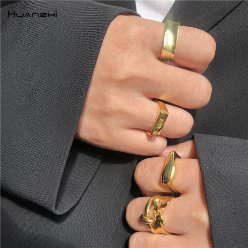 HUANZHI 2020 Gold Color Metal Geometric Irregular Glossy Pearl Open Finger Ring Minimalist for Women Girls Party Jewelry Gifts