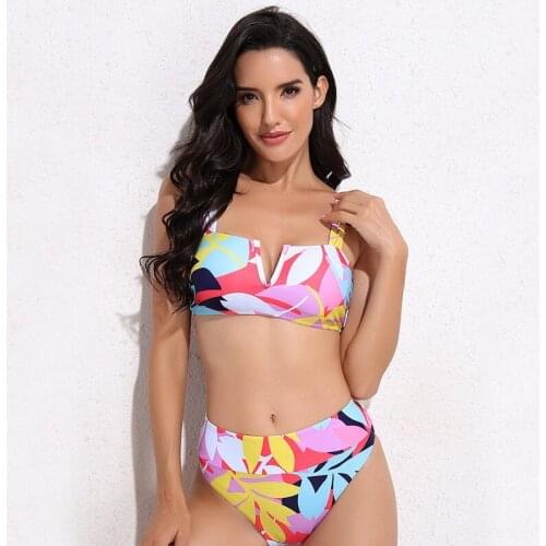 High Waist Swimwear 2021 New Leaf Print Bikinis Women Swimsuit Bathing Suit Halter Biquini 4 Colors SW450