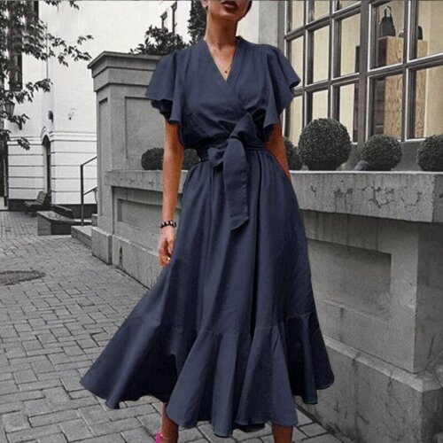 Summer Ruffles Womens Dresses With Belt V-Neck Lace Up Short Sleeve Female Long Dress 2021 Fashion Elegant Office Lady Clothes