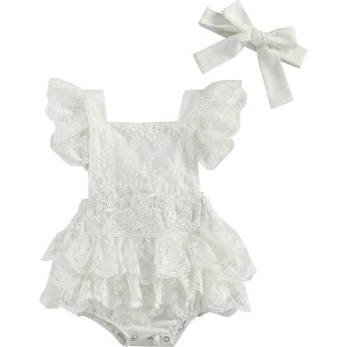 0-24M Summer Baby Girls Princess Rompers Lace Flowers Print Ruffles Short Sleeve Backless Jumpsuits 2pc Outfit